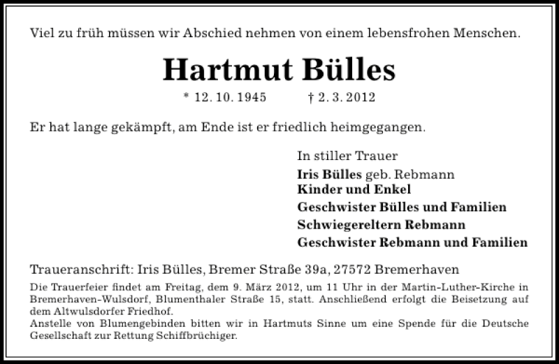  Traueranzeige für Hartmut Bülles vom 06.03.2012 aus Aller Zeitung / Wolfsburger Allgemeine