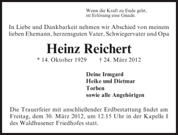 Traueranzeige von Heinz Reichert von Lübecker Nachrichten