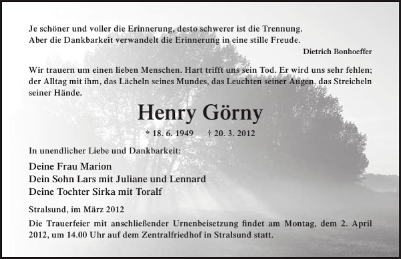  Traueranzeige für Henry Görny vom 24.03.2012 aus Ostsee-Zeitung