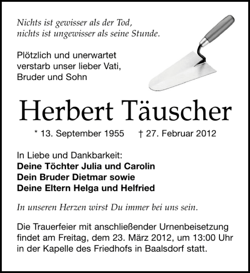  Traueranzeige für Herbert Täuscher vom 17.03.2012 aus Leipziger Volkszeitung