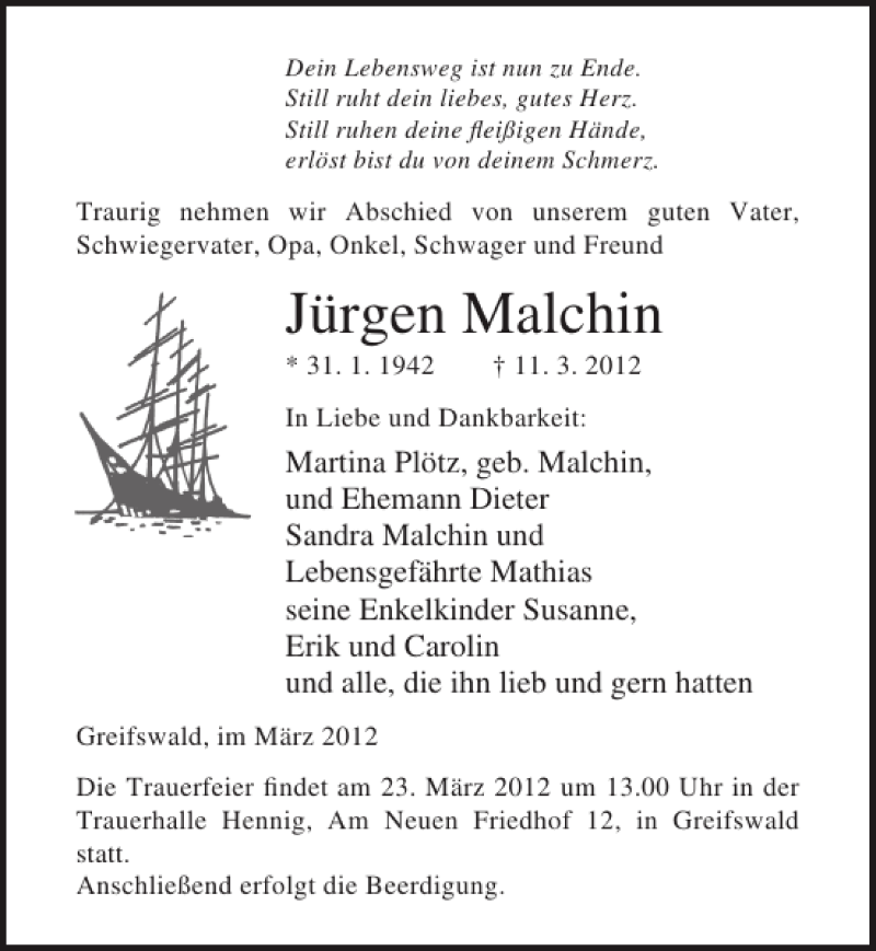  Traueranzeige für Jürgen Malchin vom 17.03.2012 aus Ostsee-Zeitung