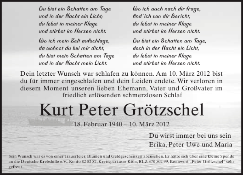  Traueranzeige für Kurt Peter Grötzschel vom 17.03.2012 aus Sächsische Zeitung