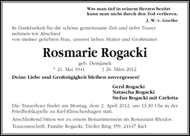  Traueranzeige für Rosmarie Rogacki vom 31.03.2012 aus Kieler Nachrichten / Segeberger Zeitung