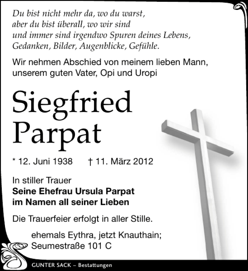  Traueranzeige für Siegfried Parpat vom 17.03.2012 aus Leipziger Volkszeitung