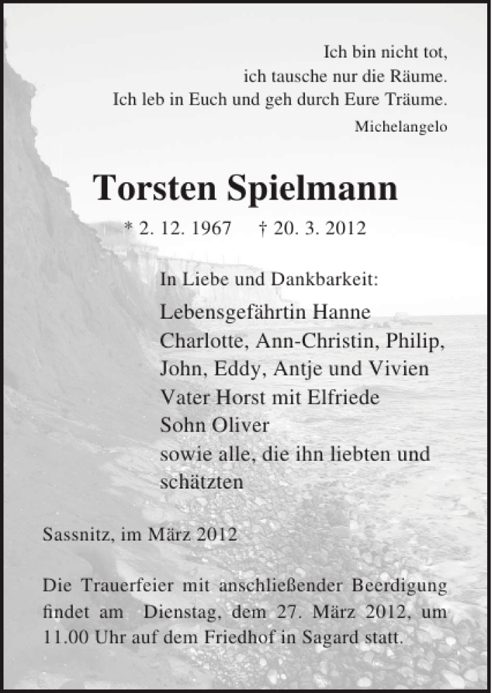  Traueranzeige für Torsten Spielmann vom 23.03.2012 aus Ostsee-Zeitung