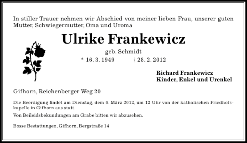  Traueranzeige für Ulrike Frankewicz vom 01.03.2012 aus Aller Zeitung / Wolfsburger Allgemeine
