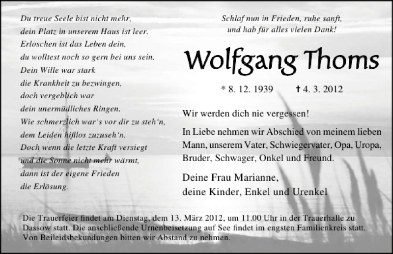  Traueranzeige für Wolfgang Thoms vom 08.03.2012 aus Ostsee-Zeitung