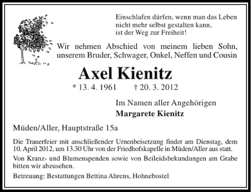  Traueranzeige für Axel Kienitz vom 07.04.2012 aus Aller Zeitung / Wolfsburger Allgemeine