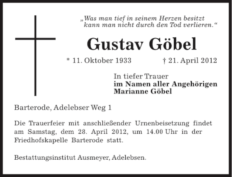  Traueranzeige für Gustav Göbel vom 26.04.2012 aus Göttinger Tageblatt