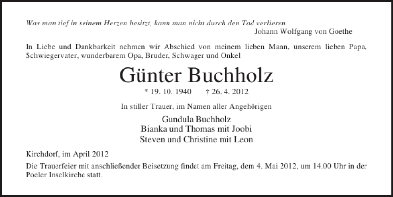  Traueranzeige für Günter Buchholz vom 28.04.2012 aus Ostsee-Zeitung