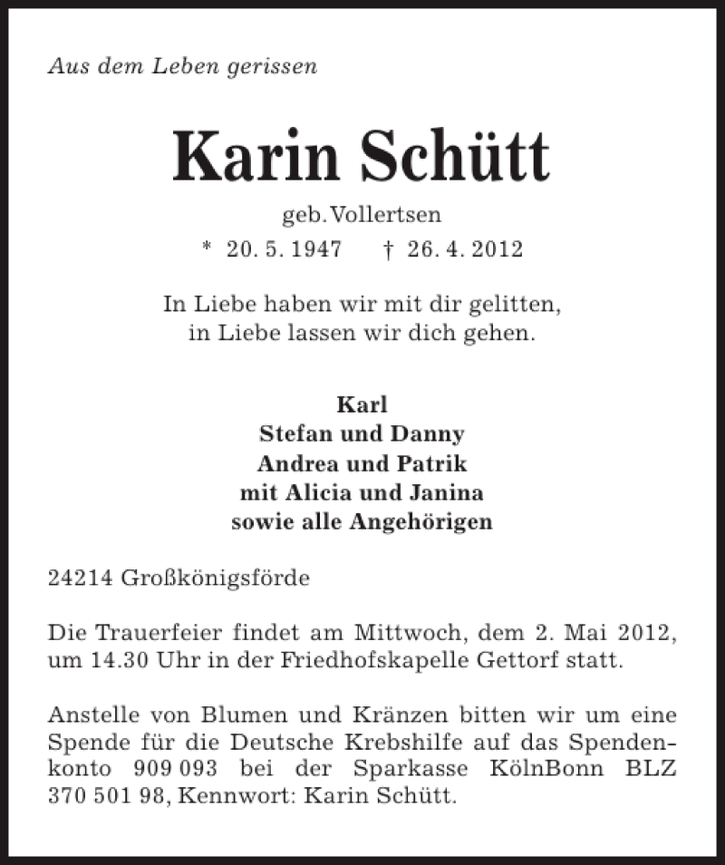  Traueranzeige für Karin Schütt vom 28.04.2012 aus Kieler Nachrichten / Segeberger Zeitung