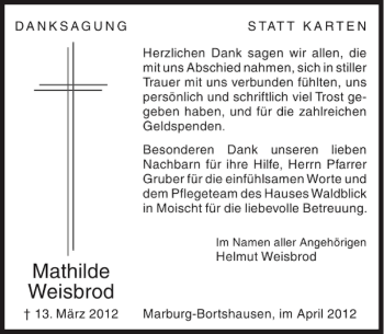 Traueranzeige von Mathilde Weisbrod von OP Marburg