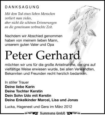 Traueranzeige von Peter Gerhard von Leipziger Volkszeitung