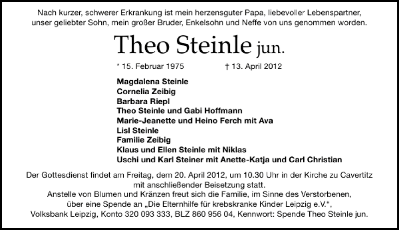  Traueranzeige für Theo Steinle vom 18.04.2012 aus Leipziger Volkszeitung