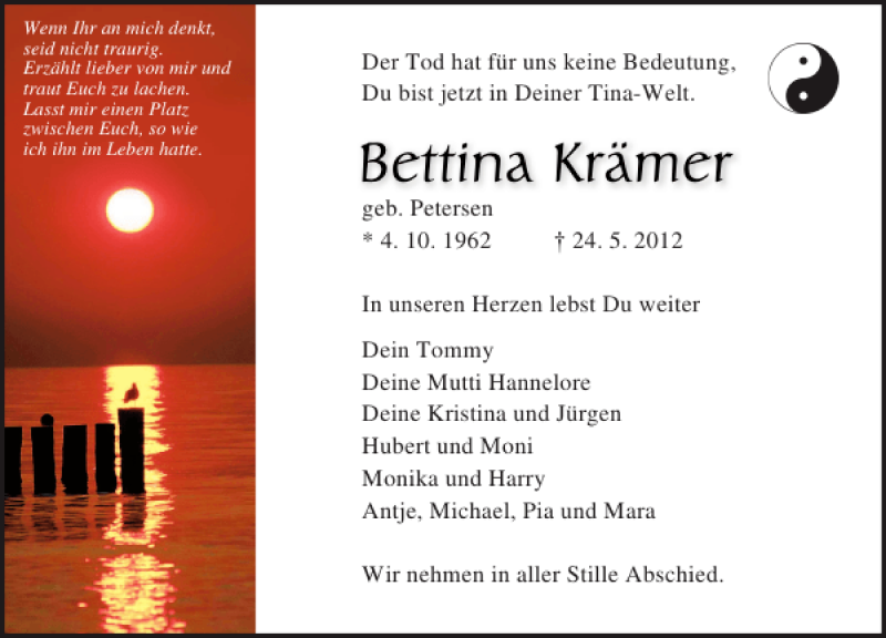  Traueranzeige für Bettina Krämer vom 27.05.2012 aus Lübecker Nachrichten