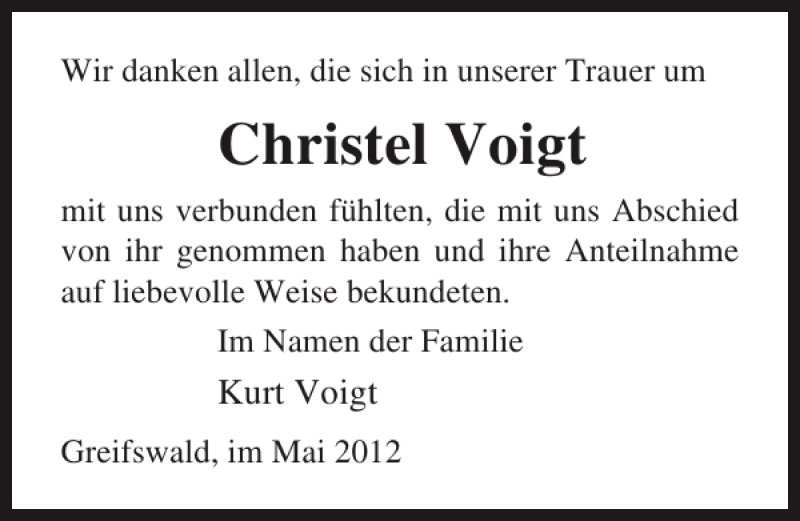  Traueranzeige für Christel Voigt vom 26.05.2012 aus Ostsee-Zeitung