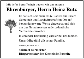Traueranzeige von Ehrenbürger Heinz Rutz von Ostsee-Zeitung