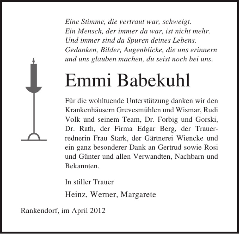  Traueranzeige für Emmi Babekuhl vom 25.05.2012 aus Ostsee-Zeitung