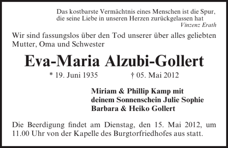  Traueranzeige für Eva-Maria Alzubi-Gollert vom 13.05.2012 aus Lübecker Nachrichten