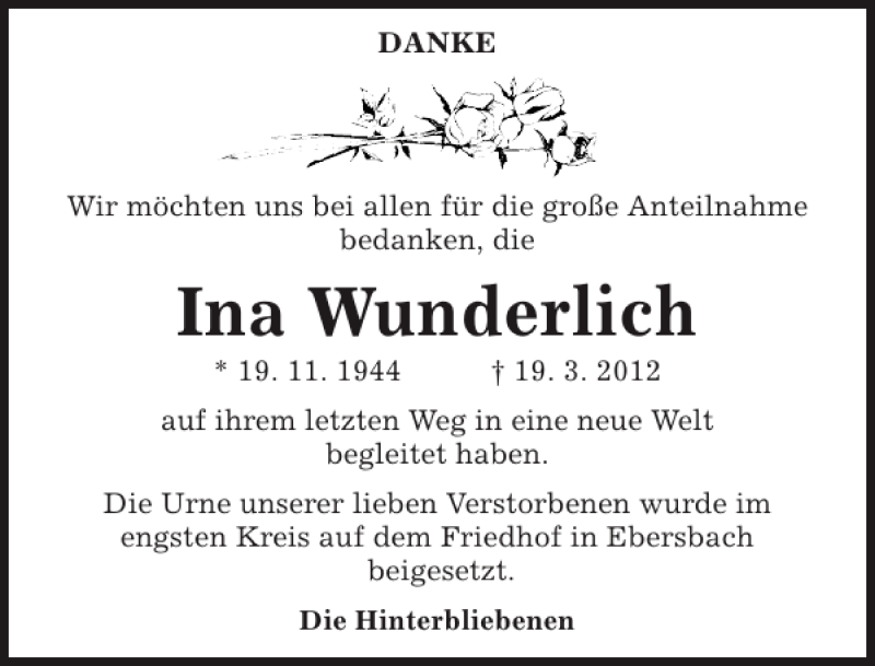  Traueranzeige für Ina Wunderlich vom 07.05.2012 aus Sächsische Zeitung