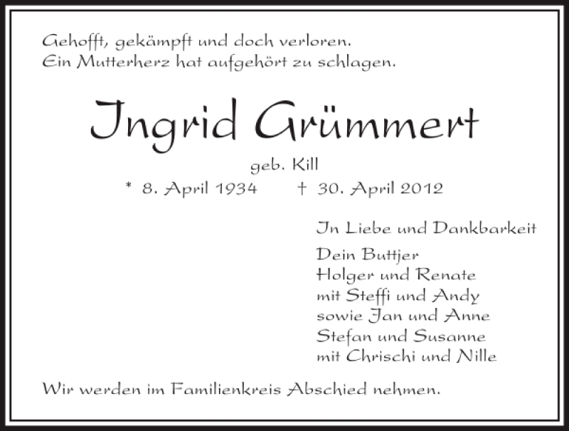  Traueranzeige für Ingrid Grümmert vom 05.05.2012 aus Kieler Nachrichten / Segeberger Zeitung