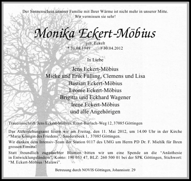  Traueranzeige für Monika Eckert-Möbius vom 05.05.2012 aus Göttinger Tageblatt