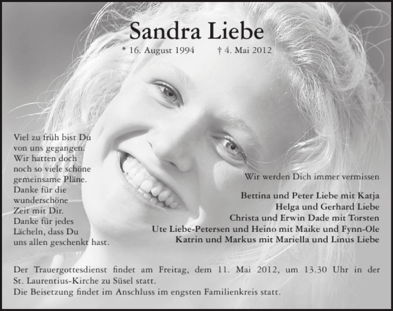  Traueranzeige für Sandra Liebe vom 09.05.2012 aus Lübecker Nachrichten