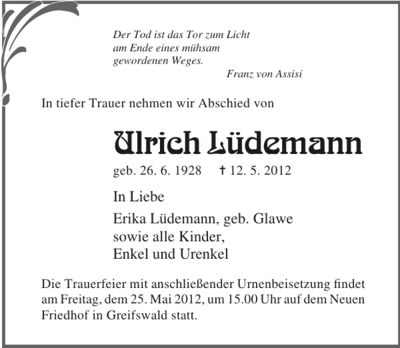  Traueranzeige für Ulrich Lüdemann vom 19.05.2012 aus Ostsee-Zeitung