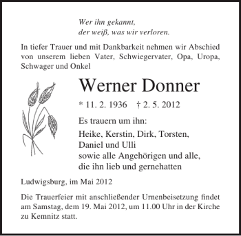 Traueranzeige von Werner Donner von Ostsee-Zeitung