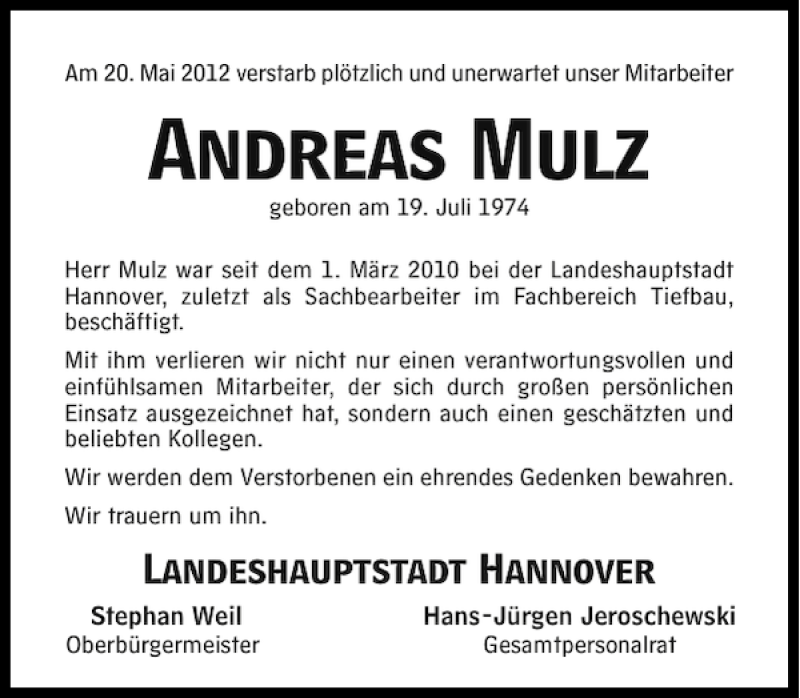  Traueranzeige für Andreas Mulz vom 07.06.2012 aus HAZ/NP