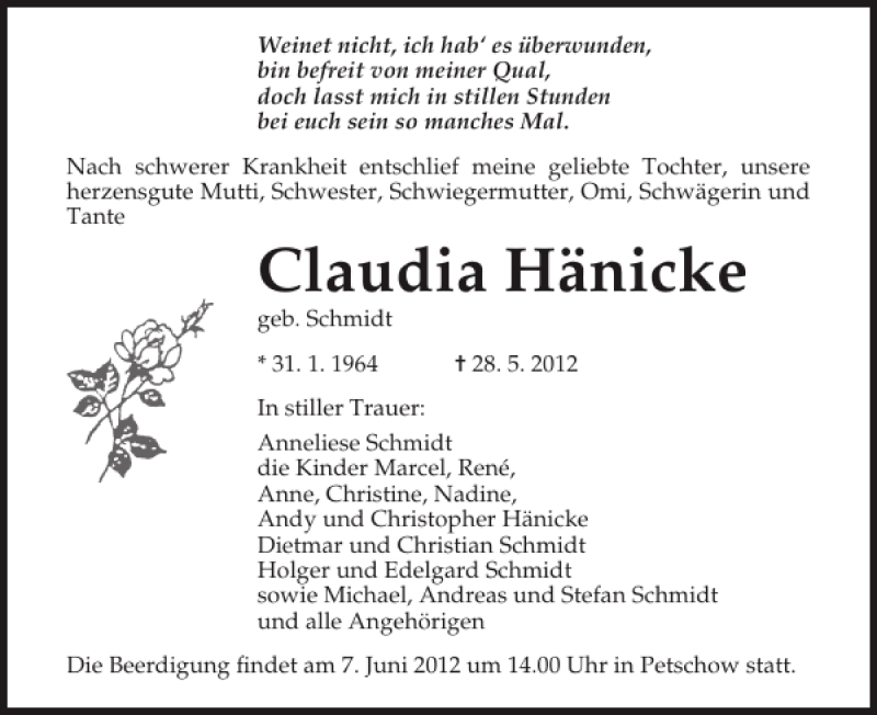  Traueranzeige für Claudia Hänicke vom 05.06.2012 aus Ostsee-Zeitung