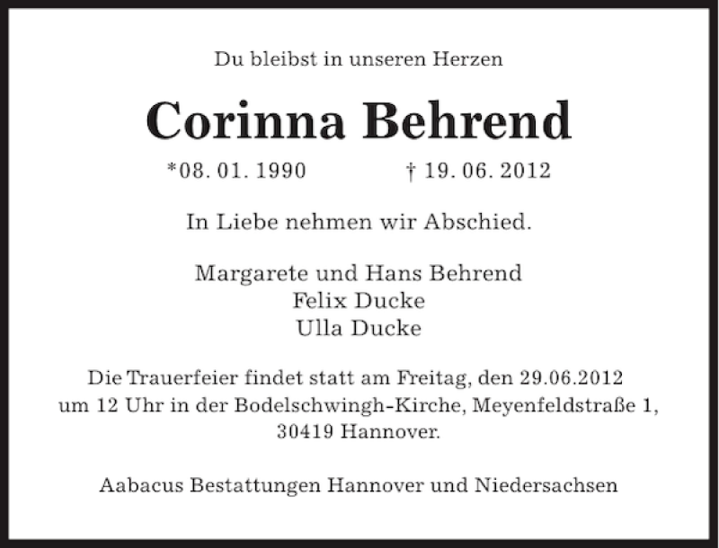  Traueranzeige für Corinna Behrend vom 23.06.2012 aus HAZ/NP