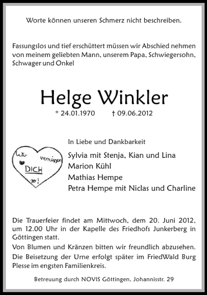  Traueranzeige für Helge Winkler vom 16.06.2012 aus Göttinger Tageblatt