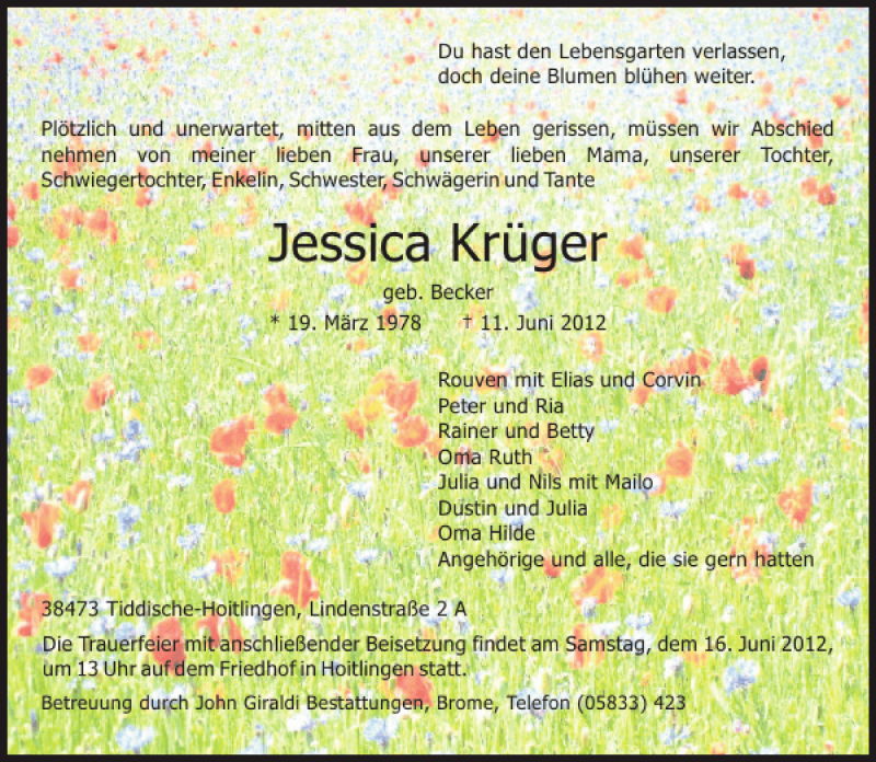  Traueranzeige für Jessica Krüger vom 14.06.2012 aus Aller Zeitung / Wolfsburger Allgemeine