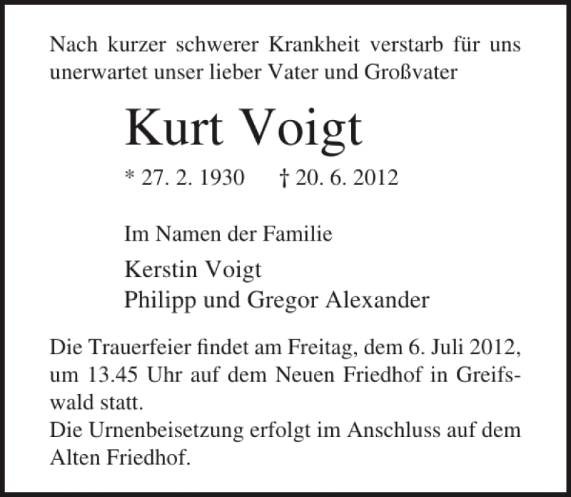  Traueranzeige für Kurt Voigt vom 30.06.2012 aus Ostsee-Zeitung