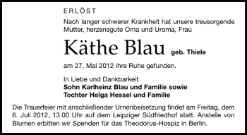Traueranzeige von Käthe Blau von Leipziger Volkszeitung