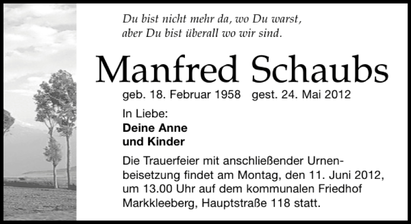  Traueranzeige für Manfred Schaubs vom 02.06.2012 aus Leipziger Volkszeitung