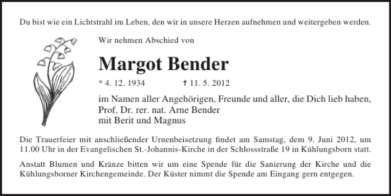 Traueranzeige für Margot Bender vom 02.06.2012 aus Ostsee-Zeitung