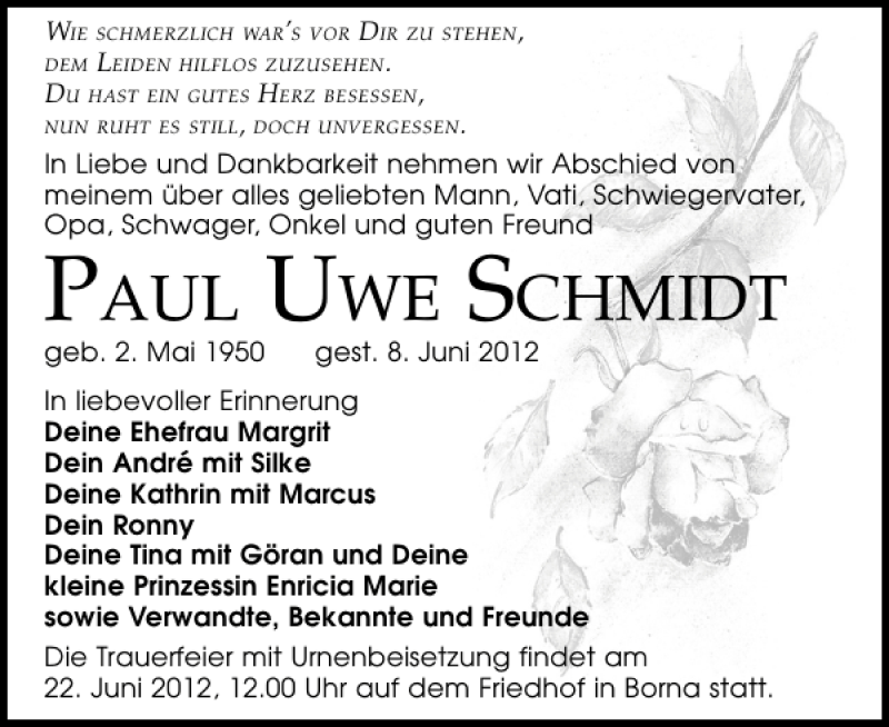 Traueranzeige für Paul Uwe Schmidt vom 16.06.2012 aus Leipziger Volkszeitung