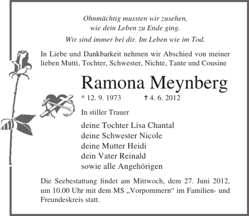  Traueranzeige für Ramona Meynberg vom 12.06.2012 aus Ostsee-Zeitung