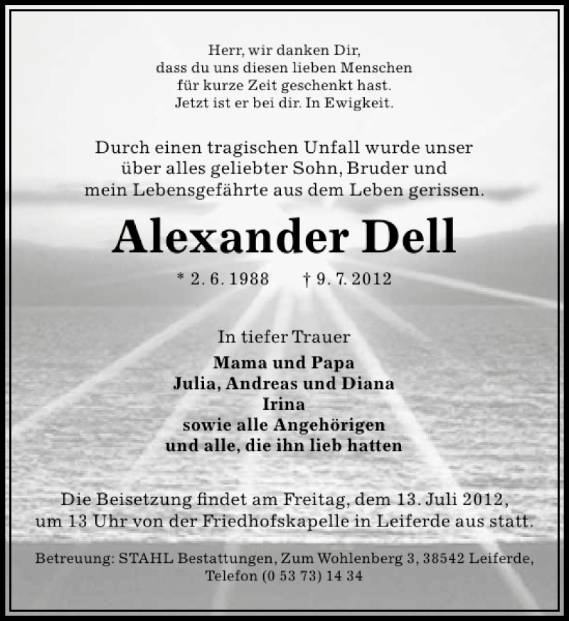  Traueranzeige für Alexander Dell vom 12.07.2012 aus Aller Zeitung / Wolfsburger Allgemeine