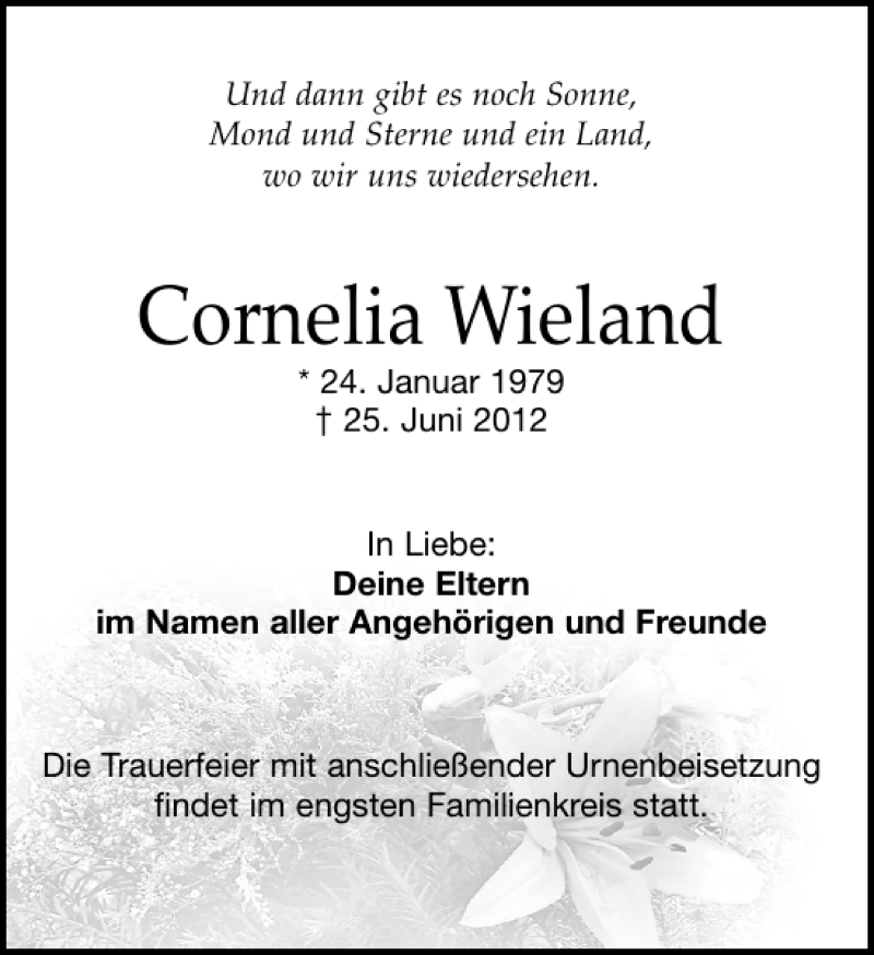  Traueranzeige für Cornelia Wieland vom 07.07.2012 aus Leipziger Volkszeitung