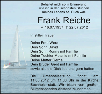Traueranzeige von Frank Reiche von Ostsee-Zeitung