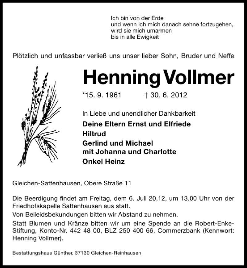  Traueranzeige für Henning Vollmer vom 04.07.2012 aus Göttinger Tageblatt