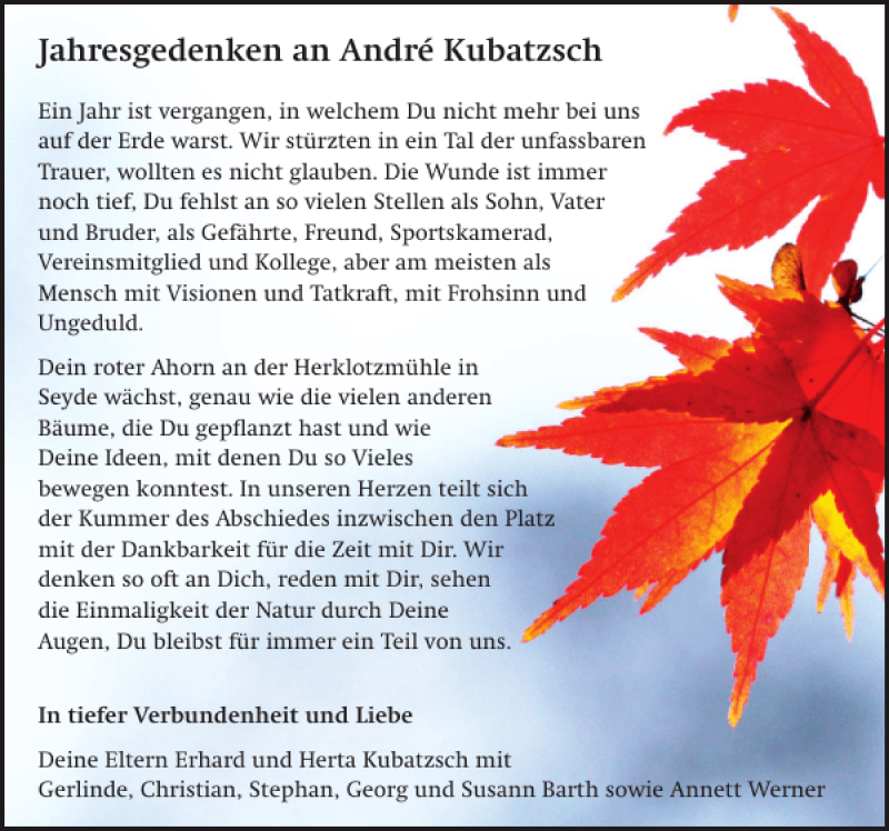  Traueranzeige für Jahresgedenken an André Kubatzsch vom 18.07.2012 aus Sächsische Zeitung