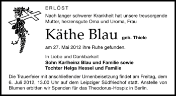 Traueranzeige von Käthe Blau von Leipziger Volkszeitung