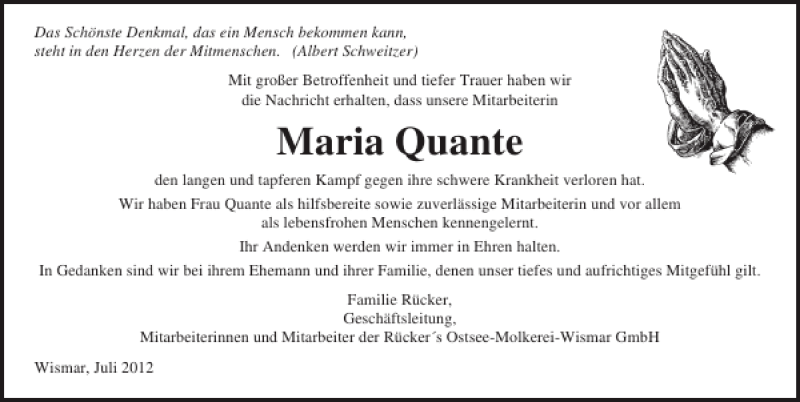  Traueranzeige für Maria Quante vom 16.07.2012 aus Ostsee-Zeitung