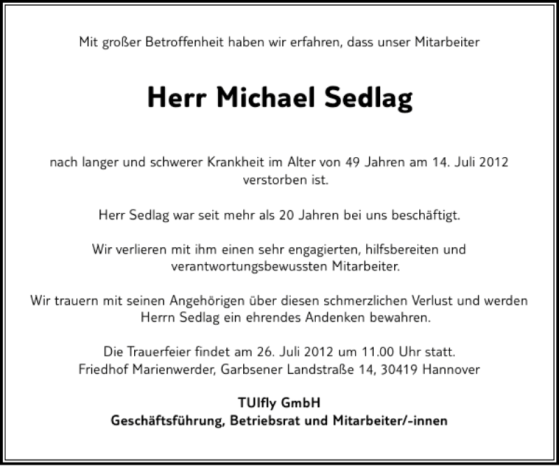  Traueranzeige für Michael Sedlag vom 21.07.2012 aus HAZ/NP