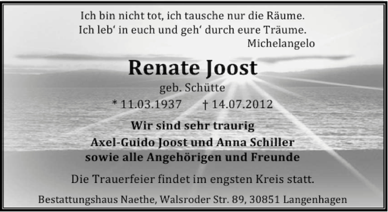  Traueranzeige für Renate Joost vom 21.07.2012 aus HAZ/NP