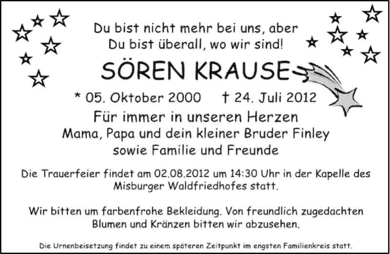  Traueranzeige für Sören Krause vom 31.07.2012 aus HAZ/NP